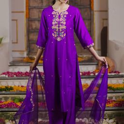 Indo Era Floral Embroidered Sequinned Liva Kurta With Trousers & Dupatta-47