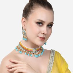 Zaveri Pearls Gold-Plated Blue & White Kundan Beaded Meenakari Jewellery Set-image-36