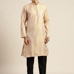 SOJANYA Men Golden & Off White Woven Design Kurta-image-10