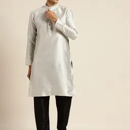 SOJANYA Men Grey & Off-White Woven Design Kurta-picture-3