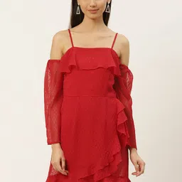 DODO & MOA Women Red Dobby Weave Ruffled A-Line Semi Sheer Dress With Cold-Shoulder Sleeve-image-74