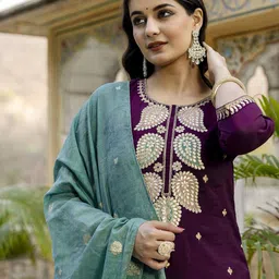 SANISA Women Ethnic Motifs Embroidered Regular Pure Silk Kurta with Palazzos & With Dupatta-picture-2