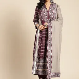 Prakhya Women Burgundy Ethnic Motifs Printed Mirror Work Kurta with Trousers & With Dupatta-image-4