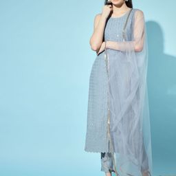 Shopping Queen Women Grey Floral Embroidered Thread Work Kurta with Trousers & Dupatta-picture-40