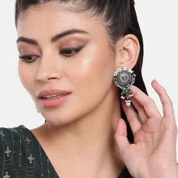 AITIHYA Silver-Plated Oxidised Circular Artificial Stones Drop Earrings-9