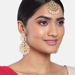 Peora Gold-Toned White Kundan & Pearl Studded Maang Tika & Earrings-image-40
