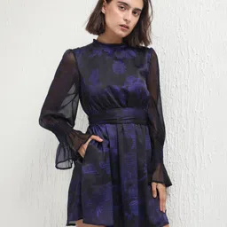 RAREISM Floral Printed High Neck Fit & Flare Dress With Sheer Bell Sleeves-image-62