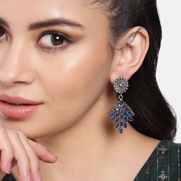 AITIHYA Silver-Plated Oxidised Artificial Stones Contemporary Drop Earrings-21