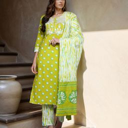 AHIKA Green & White Bandhani Dyed Thread Work Pure Cotton Kurta Set-picture-45