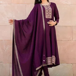 Libas Women Burgundy Floral Motifs Embroidered Sequinned Kurta with Churidar & Dupatta-image-67