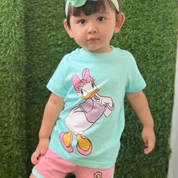 Nap Chief Girls Turquoise Blue Disney Daisy Duck Printed Pure Cotton T-shirt with Shorts-image-74