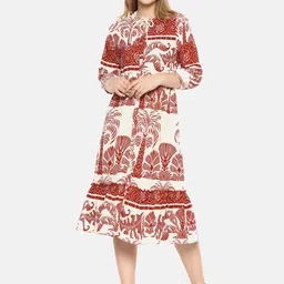 Campus Sutra Rust & off-White Ethnic Motifs Printed A-Line Dress-image-19