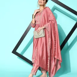 Sangria Floral Embroidered Regular Sequinned Kurta With Trousers & With Dupatta-0