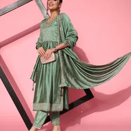 Sangria Floral Embroidered Regular Sequinned Kurta With Trousers & With Dupatta-29
