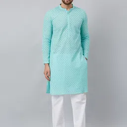 See Designs Men Turquoise Blue Embroidered Regular Chikankari Pure Cotton Kurta with Pyjamas-picture-16