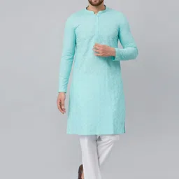 See Designs Men Turquoise Blue Embroidered Regular Chikankari Pure Cotton Kurta with Pyjamas-picture-27