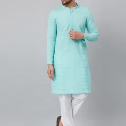 See Designs Men Turquoise Blue Embroidered Regular Chikankari Pure Cotton Kurta with Pyjamas-image-53