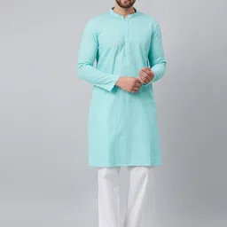 See Designs Men Turquoise Blue Embroidered Regular Chikankari Pure Cotton Kurta with Pyjamas-image-57