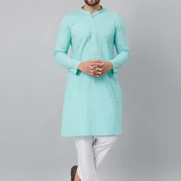 See Designs Men Turquoise Blue Embroidered Regular Chikankari Pure Cotton Kurta with Churidar-picture-35