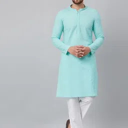 See Designs Men Turquoise Blue Embroidered Regular Chikankari Pure Cotton Kurta with Pyjamas-image-54