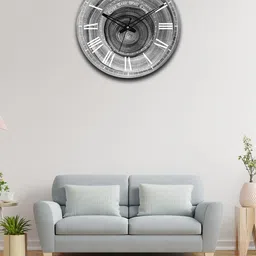 OLIVE TREE Grey & Black Printed Wooden Round Shaped Contemporary Wall Clock-18