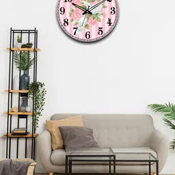 OLIVE TREE Pink & Green Printed Wooden Round Shaped Contemporary Wall Clock-image-51