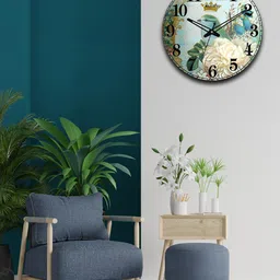 OLIVE TREE Blue & Beige Printed Wooden Round Shaped Contemporary Wall Clock-18