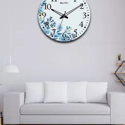 OLIVE TREE White & Blue Printed Wooden Round Shaped Contemporary Wall Clock-12
