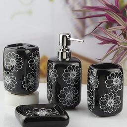 Kookee Black & White 4 Pieces Floral Glossy Ceramic Contemporary Bath Accessories Set-25