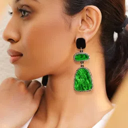 Rubans Emerald Green Crystal Marble Stone & Black Studded Long Statement Dangle Earrings-13