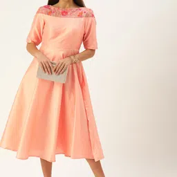 Ethnovog Peach-Coloured Embroidered Midi Dress-50