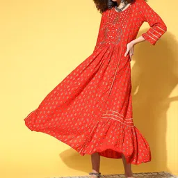Kvsfab Women Red Ethnic Motifs Embroidered Sequinned A-Line Maxi Dress-15