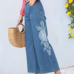 DressBerry Women Artisan-Chic Pure Cotton Wide Leg Ethnic Printed Jeans-image-8