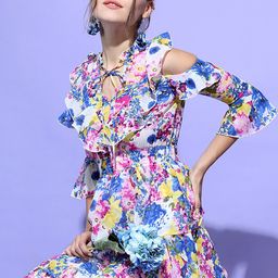 Tokyo Talkies Floral Womens Pink/Blue Ruffled Print Fit & Flare Midi Dress-image-27