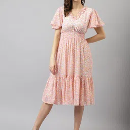 BAESD Floral Print Flared Sleeve Layered Georgette Fit & Flare Midi Dress-image-21
