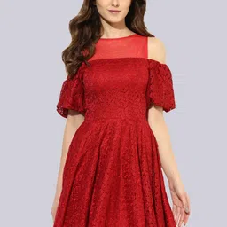 KLEIO Self Design Cold-Shoulder Sleeves Above Knee Fit & Flare Dress-picture-1