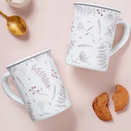 Larah by BOROSIL Premia Series Grandeur White 2Pcs Floral Printed Opalware Mugs 350ml Each-42