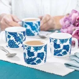 Larah by BOROSIL Premia Series New Iris White 6Pcs Floral Printed Opalware Cups 100ml Each-46
