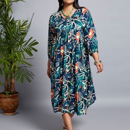 Globus Gloplus V-Neck Floral Print Gathered A-Line Plus Size Midi Fusion Dress-image-46