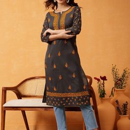 ADA Women Charcoal Grey & Mustard Yellow Chikankari Hand Embroidered Cotton Straight Sustainable Handloom Kurta-16