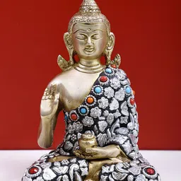 Exotic India Gold Toned Small Blessing Buddha with Inlay Work Showpiece-image-46