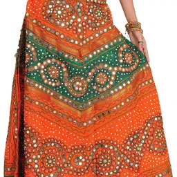 Exotic India Mirror Embroidered Pure Cotton Flared Maxi Skirt-image-64