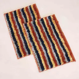 Ariana 2 Pcs Grey & Orange-Colored Striped 1600 GSM Microfibre Anti-Skid Bath Rugs-3