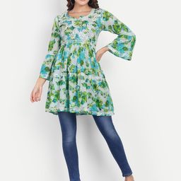 Indiankala4u Floral Embroidered Chikankari Notched Neck Tiered Kurti-image-89