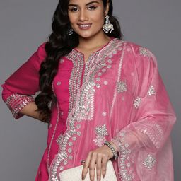 Indo Era Plus Size Ethnic Motifs Embroidered Gotta Patti Kurta with Trousers & Dupatta-51
