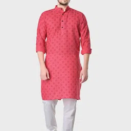 SHIWAM ETHNIX Men Pink Geometric Printed Regular Straight Cotton Kurta-picture-37