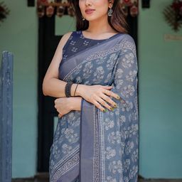 all about you Floral Printed Zari Pure Linen Block Print Saree-image-92