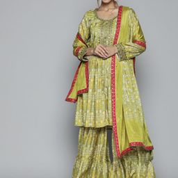 Kvsfab Women Olive Green Ethnic Motifs Printed Mirror Work Kurta with Sharara & Dupatta-picture-28