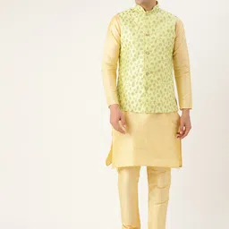 SOJANYA Men Golden & Lime Green Solid Kurta with Churidar & Nehru Jacket-picture-3