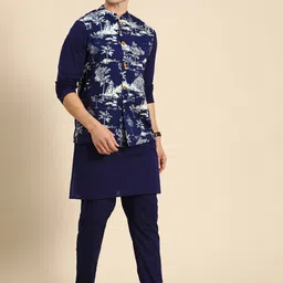 Anouk Men Navy Blue Floral Printed Pure Cotton Kurta Trousers With Nehru Jacket-picture-45